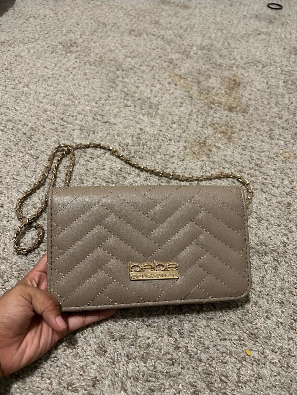 bebe Quilted Chain Crossbody Bag in Taupe